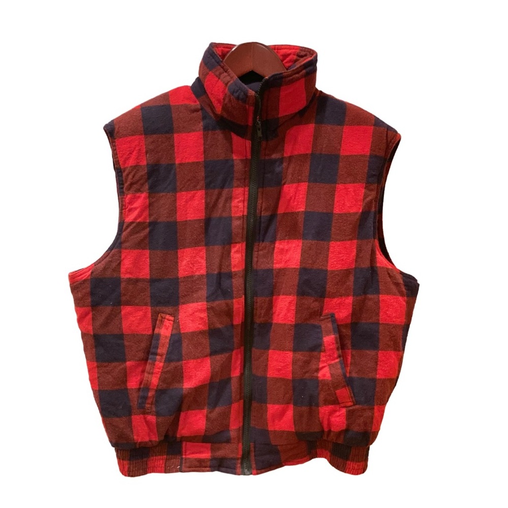 Vintage Woodland Buffalo Plaid Puffer Flannel Vest Lumberjack Red Black Rugged